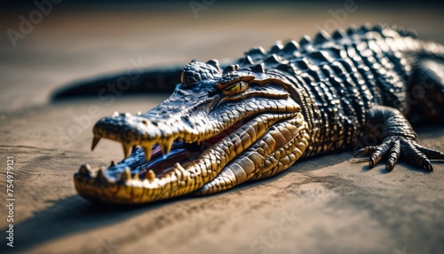  a close up of a crocodile laying on the ground with it's mouth open and it's tongue out.
