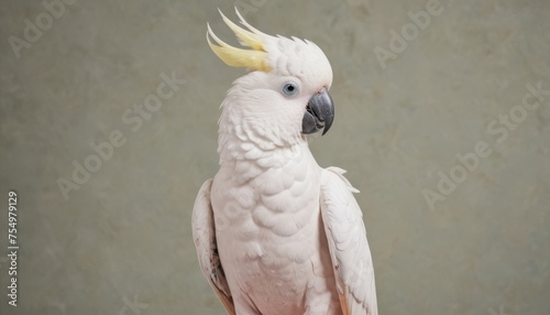  a close up of a white bird with a yellow mohawk on it's head and a gray wall in the background.