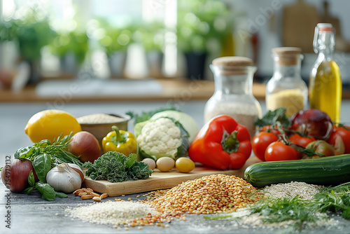 A photography-style image showcasing a variety of organic foods, including fresh vegetables, fruits, and grains, arranged on a natural white wood table with soft light near window