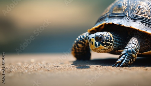  a close up of a tortoise on the ground with it's head above the top of its shell.