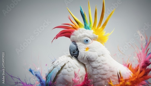  a white parrot with multicolored feathers on it's head and a white parrot with multicolored feathers on it's head.