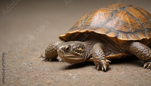  a close up of a tortoise on a ground with it's head slightly turned to the side.