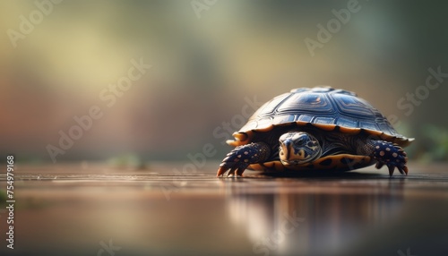 a close up of a turtle on a wooden floor with a blurry background and a reflection of the turtle on the ground.