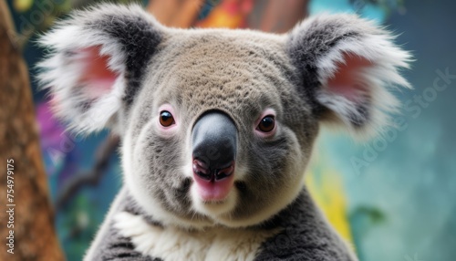  a close - up of a koala's face, with its tongue hanging out and eyes wide open.