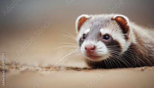  a close up of a ferret's face with a brown and white stripe on it's face.