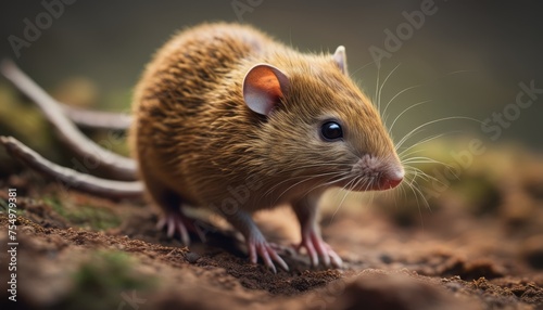  a close up of a small rodent on a dirt ground with grass and dirt on the ground and a blurry background.