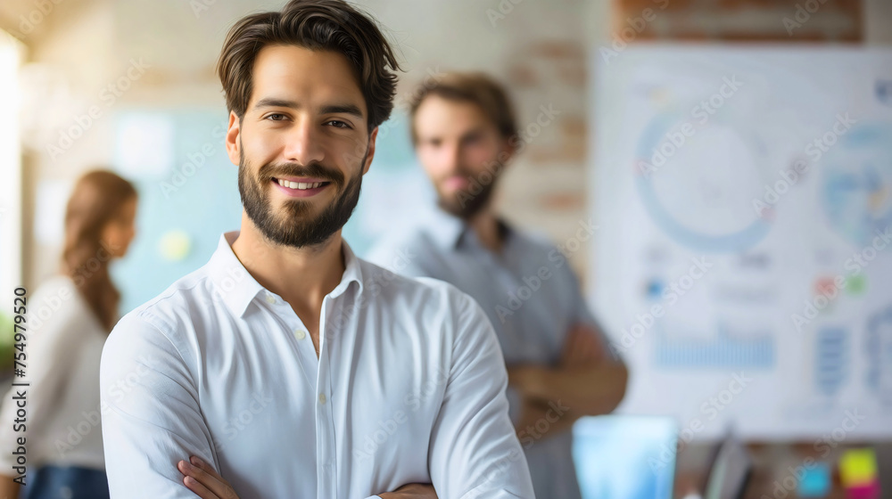 Handsome young businessman wearing a white shirt, standing with his arms crossed in the modern office interior, looking at the camera and smiling. Colleagues and whiteboard presentation blurred Handsome young businessman wearing a white shirt, standing with his arms crossed in the modern office interior, looking at the camera and smiling. Colleagues and whiteboard presentation blurred