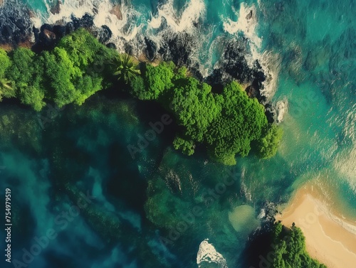 A stunning aerial view of a hidden beach surrounded by lush greenery and crystal-clear waters, epitomizing secluded beauty.