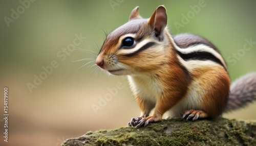  a close up of a small animal sitting on a tree stump with a blurry background of grass and trees. photo