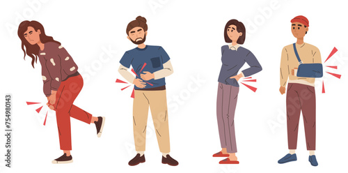 People are suffering from different diseases. Set of stomachache, knee and lower back pain, broken arm. Man and woman illness. Isolated on white background. Vector illustration