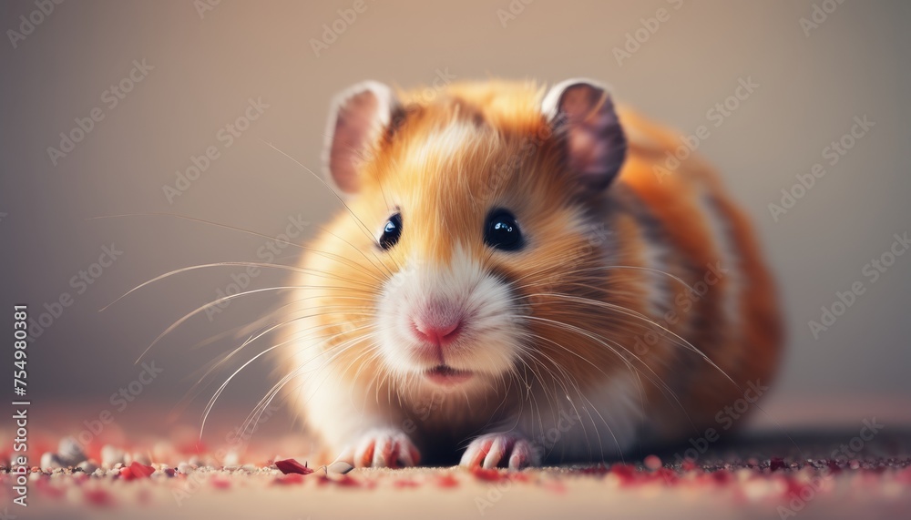  a brown and white hamster sitting on top of a bed of red and white confetti next to a gray wall.