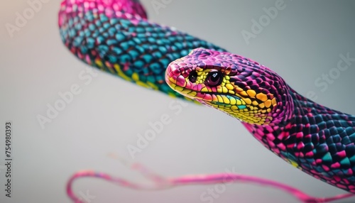  a close up of a snake's head with a pink and blue snake's head in the background.