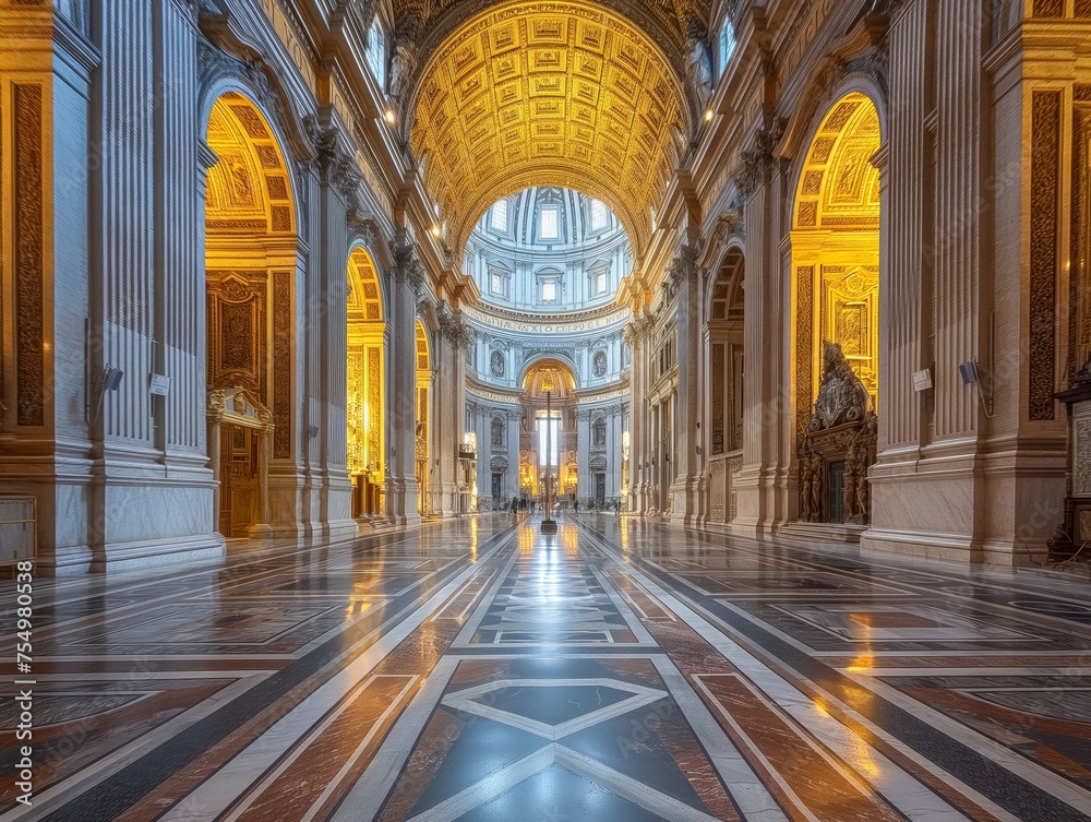 The awe-inspiring interior of St. Peter's Basilica, with its ornate decorations and golden glow, captures the essence of divine architecture.