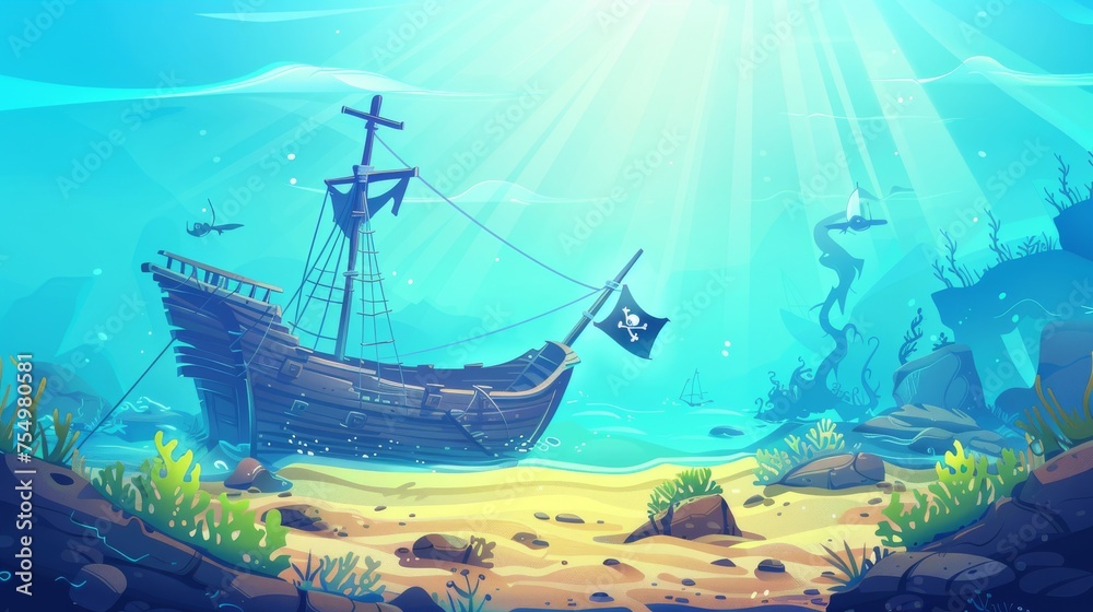 Shipwreck pirate ship, sunken filibuster vessel, boat with jolly roger flag on sandy ocean bottom (underwater world game background). Cartoon modern illustration.