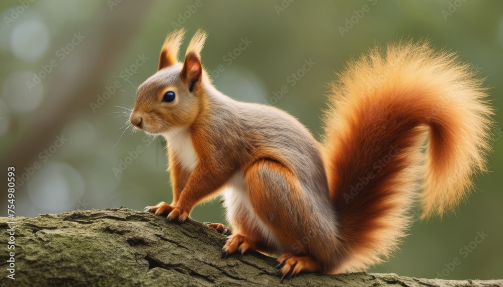  a close up of a squirrel on a tree branch with a blurry back ground and trees in the background.