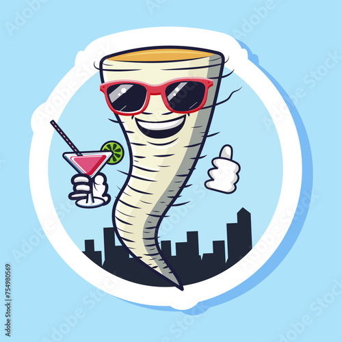Cute cartoon designed children sticker with white tornado. Smiling hurricane hold cocktail glass. Whirlwind wearing sunglasses. Cityscape silhouette. Isolated on blue background. Vector illustration