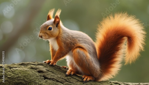  a close up of a squirrel on a tree branch with a blurry back ground and trees in the background.