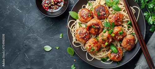 A plate of delicious chicken meatballs and hearty buckwheat noodles