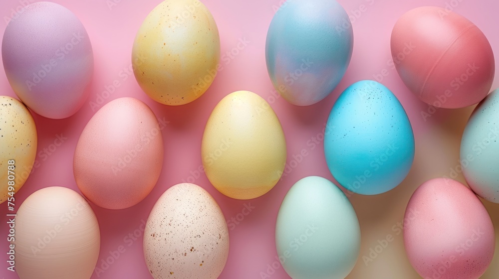a group of different colored eggs sitting on top of a pink surface with one egg in the middle of the group.