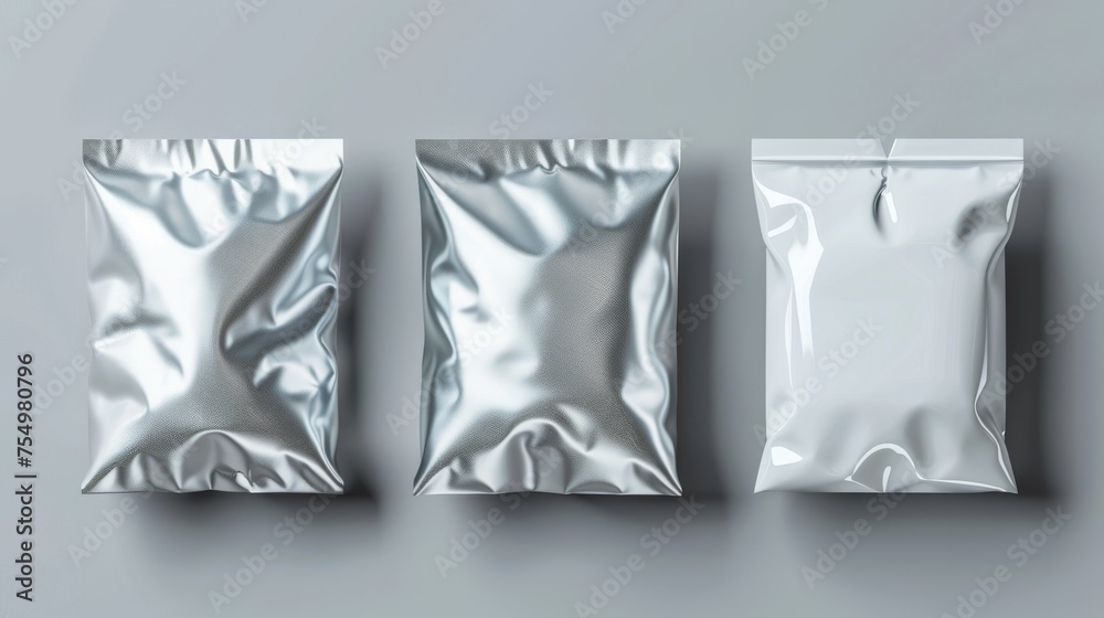 Realistic 3D modern mockup set with foil and plastic bags, blank white, transparent and silver metallic colored pillow packages for food production, snacks, chips, or cookies. - obrazy, fototapety, plakaty 