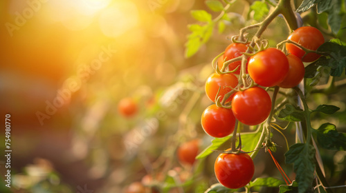 Perfect ripe branch of tomatoes grow in greenhouse