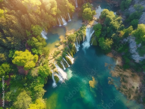Aerial view of the breathtaking Krka Waterfalls nestled in lush greenery under the bright sun, showcasing nature's beauty.