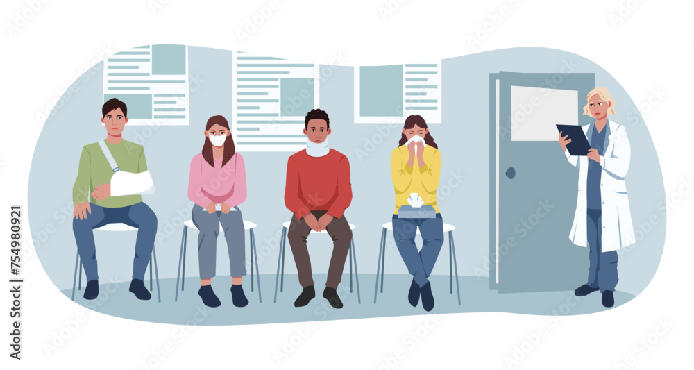 Patient waiting their queue in hospital lobby sitting on stool keeping distance. Man with broken arm, woman got sick. Live queue or by appointment. Doctor inviting next ill person. Vector illustration Patient waiting their queue in hospital lobby sitting on stool keeping distance. Man with broken arm, woman got sick. Live queue or by appointment. Doctor inviting next ill person. Vector illustration