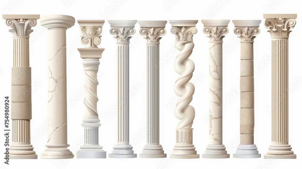 Classic stone columns of Roman or Greek architecture with twisted and grooved ornament for interior facade design, realistic 3d modern mockup, set of four.