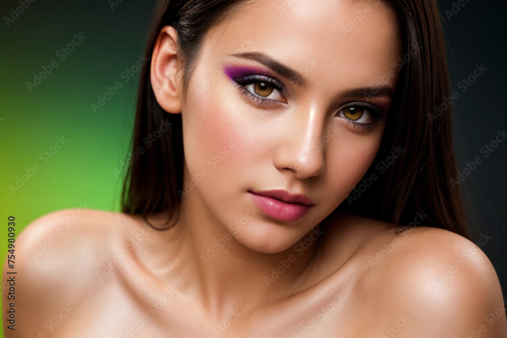 Professional model with bright makeup, with a pleasant face and smooth, healthy skin, looks at the camera. Close-up, colorful background, cosmetic concept Professional model with bright makeup, with a pleasant face and smooth, healthy skin, looks at the camera. Close-up, colorful background, cosmetic concept