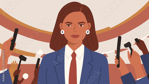 illustration of successful female politician in an interview situation. Flat illustration of female empowerment. Generative AI.