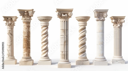 Realistic 3D modern mockup, set of 7 antique stone pillars isolated on white background. Ancient classic stone columns of Roman or Greek architecture with twisted and groove ornaments, set of 7