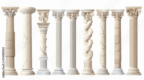 Classic stone columns of Roman or Greek architecture with twisted and grooved ornament for interior facade design, realistic 3d modern mockup, set of four.