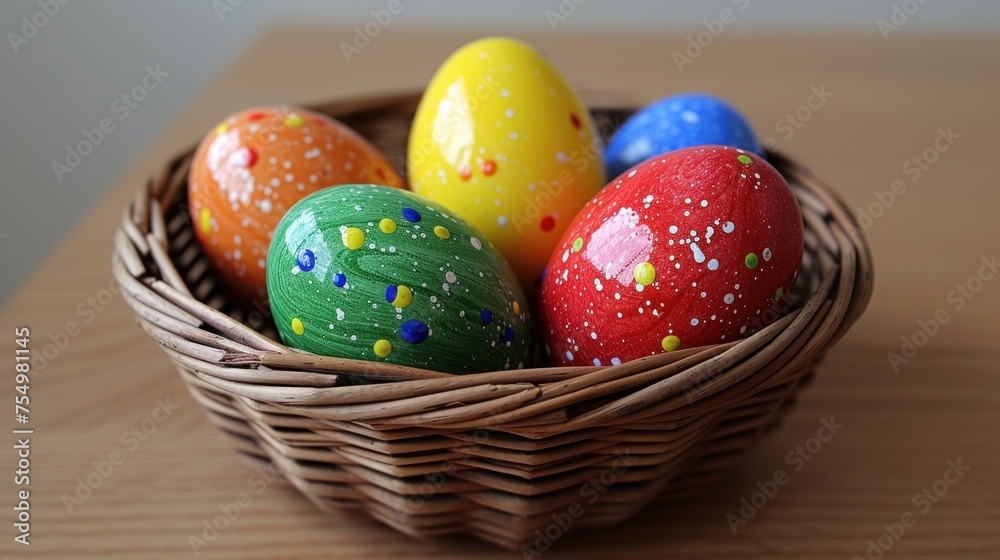 a basket filled with colorfully painted eggs on top of a wooden table with sprinkles on them.