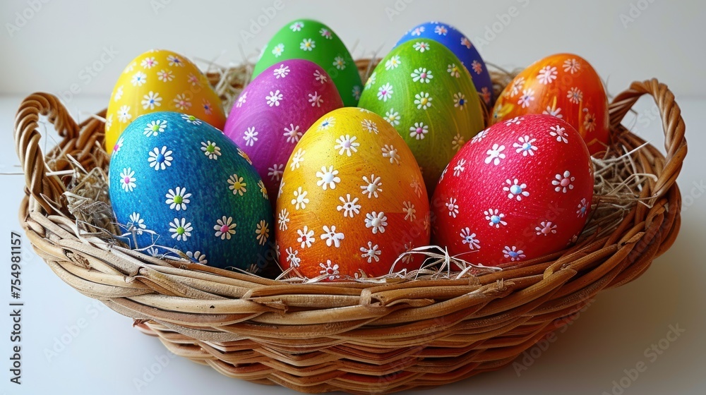 a basket filled with colorful easter eggs sitting on top of a white table next to an orange, yellow, and blue egg. a basket filled with colorful easter eggs sitting on top of a white table next to an orange, yellow, and blue egg.