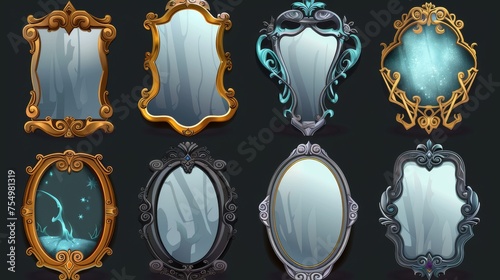 Magic mirrors in golden and silver frames. Modern cartoon set of fairytale mirrors for games about witchcraft or wizardry isolated on black photo