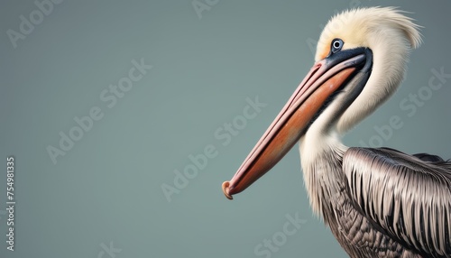  a close up of a pelican with a long neck and a large beak with a long bill on a gray background.