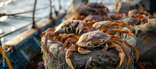 a bunch of crabs in fishing nets on a fishing boat