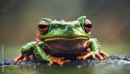  a close up of a frog s face with red eyes and a green frog s body on the ground.