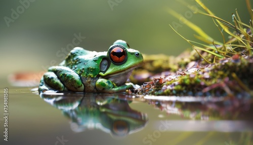  a green frog sitting on top of a body of water next to a green mossy plant with a red spot in it's eye.