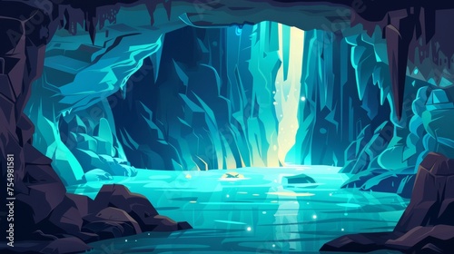 An empty stone cavern with stalactites, lake, and crystals. Illustration of an old mountain grotto. Modern illustration of a rocky cave. © Mark
