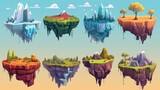 An ice crystal floating island, a volcano, a desert fantasy landscape, a cartoon 2D UI nature locations with flying platforms elements to jump, a graphic for PCs and mobile devices.