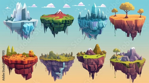 An ice crystal floating island, a volcano, a desert fantasy landscape, a cartoon 2D UI nature locations with flying platforms elements to jump, a graphic for PCs and mobile devices. photo