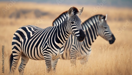  a couple of zebra standing next to each other on a dry grass covered field with tall grass in the background.