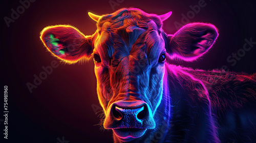 glowing neon light effect head of a cow, bright advertising design element, cow logo light signboard banner for veterinary clinic, pet shop, night club concept photo