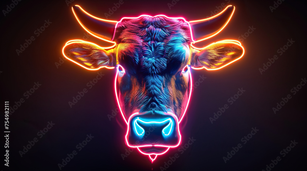 glowing neon light effect head of a cow, bright advertising design element, cow logo light signboard banner for veterinary clinic, pet shop, night club concept glowing neon light effect head of a cow, bright advertising design element, cow logo light signboard banner for veterinary clinic, pet shop, night club concept
