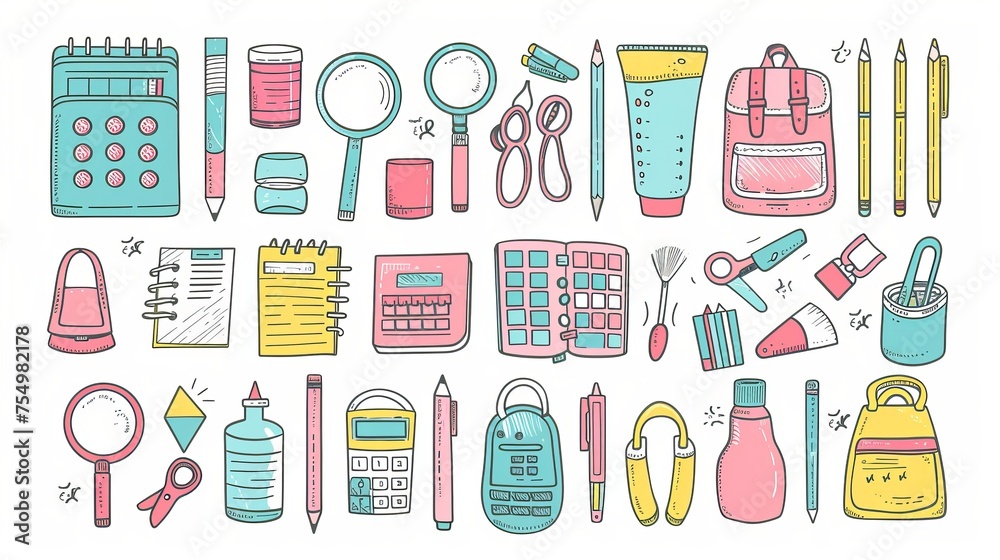 A set of school and office stationery including pencils, pens, rulers, notebooks, pencil sharpeners, and scissors. Modern flat icons of scissors, calculators, magnifiers, and paints.