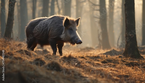  a wild boar standing in the middle of a forest on a foggy day in the early morning with the sun shining through the trees. photo