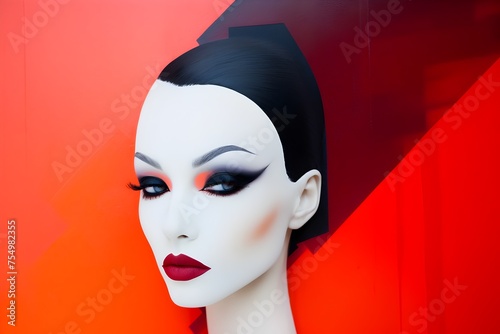 Bold Red Lipped Mannequin Head with Dramatic Makeup on Orange Geometric Background © Bavorndej