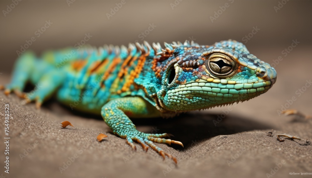  a close up of a blue and orange lizard on a sandy ground with a blurry back ground in the background.