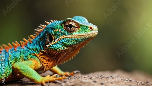  a close up of a lizard on a rock with a green and orange lizard on it's back legs.